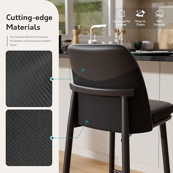 GXJ Bar Stools Set of 6, Upholstered Counter Height Bar Stools, 26 Inch Modern Counter Stools with Back, Textured Leather&Fabric, Metal Legs,Barstools for Kitchen Island Dining Room, Black