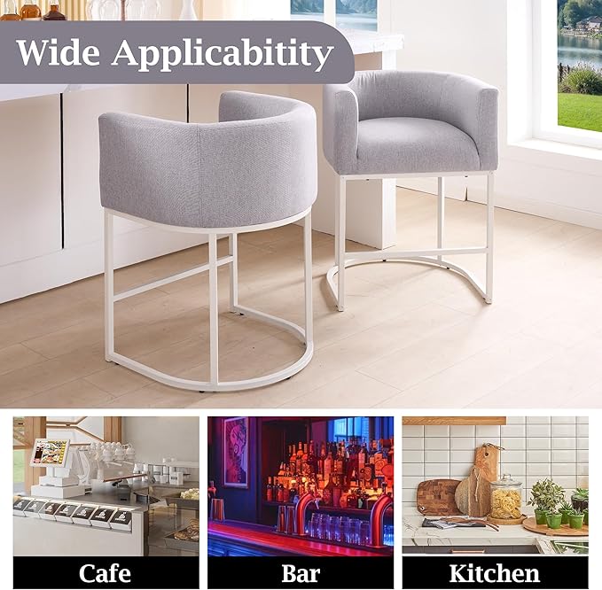 ClinQ 26" H Counter Height Bar Stools Set of 4, Modern Barrel Counter Stools with Backrest and Arms, White Metal Frames, Linen Fabric Upholstered Accent Barstools for Kitchen Island, Light Grey