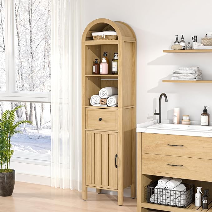 Lxsxlome 64" Tall Bathroom Storage Cabinet with Adjustable Shelves,Tall Narrow Arched Freestanding Tower Cabinet with Fluted Doors and Drawers,Space Saving Organizer for Bathroom Living Room (Oak)