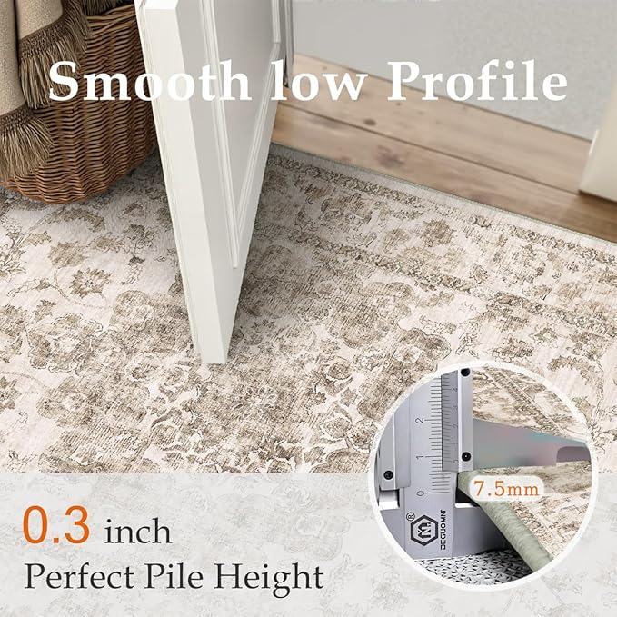 10x14 Neutral Area Rug Brown Vintage Living Room Bedroom Washable Carpet Non-Slip Soft Low Pile Farmhouse Indoor Large Throw Rug for Dining Room Office