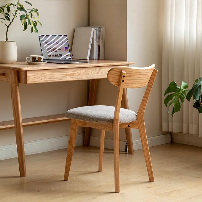 Modern Solid Wood Dining Chair, Kitchen Dining Room Chair with Upholstered Cushion and Seat Cover, Curved Backrest, 100% FAS Grade North America Oak Wood, Natural