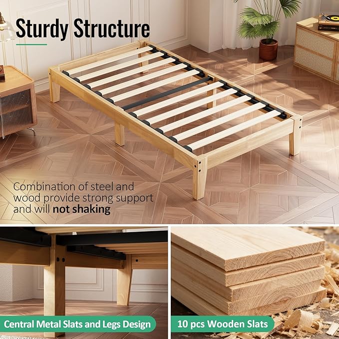 Twin Size Solid Wood Platform Bed - Noise-Free Design with Metal and Wood Slat Support, No Box Spring Needed, Easy Assembly, Natural Wood Finish