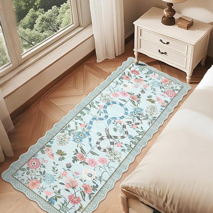 Garvee Washable Runner Snake Scalloped Rug 2x6 Runner Rugs for Hallway, Non-Slip Stain-Resistant Kitchen Runners, Soft Low Pile Non Shedding Carpet for Laundry Entryway Bedroom Bathroom,Blue