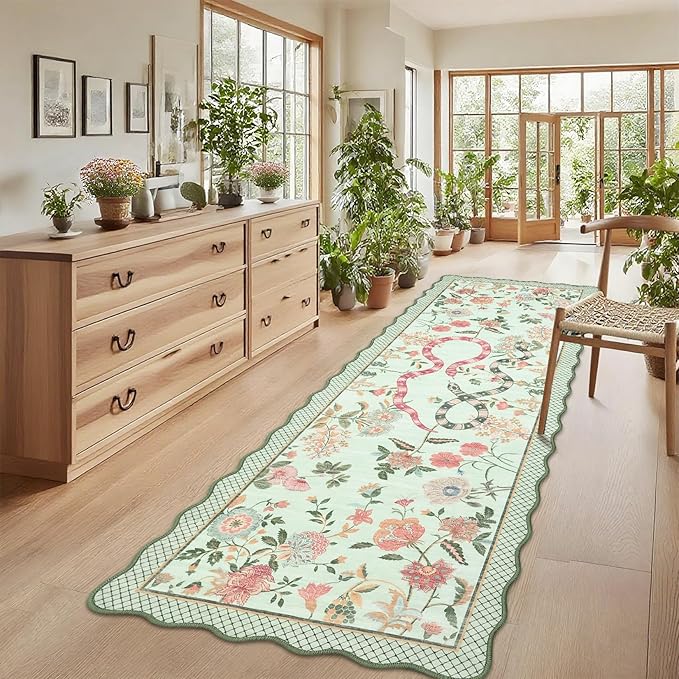 Garvee Washable Runner Snake Scalloped Rug 2x6 Runner Rugs for Hallway, Non-Slip Stain-Resistant Kitchen Runners, Soft Low Pile Non Shedding Carpet for Laundry Entryway Bedroom Bathroom,Green