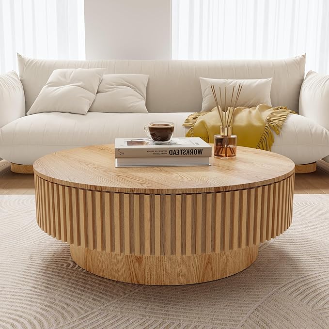 39.37'' Round Coffee Table with Storage, Modern Fluted Circle Coffee Table Unique Drum Low Center Tea Table with Solid Wood Veneered for Living Room, Mesas De Centro para Sala, Natural