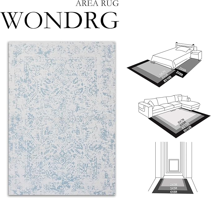 8x10 Fluffy Area Rug Blue Shag Neutral Carpet for Living Room Soft Medium Pile Floral Large Rug for Bedroom Dorm Office Dining Room Kitchen Nursery Modern Decor