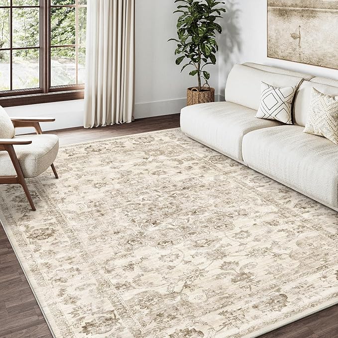 4x6 Washable Neutral Area Rug Beige Vintage Entryway Office Carpet Non-Slip Soft Low Pile Farmhouse Indoor Throw Rug for Living Room Bathroom Dining Room