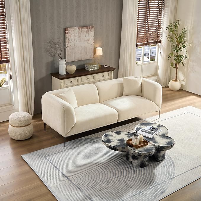 82.7" Modern Couch Upholstered Boucle Sofa Beige, 3 Seater Minimalist Curved Sofas with Metal Legs, Cozy Luxury Deep Seat Memory Foam Couches for Living Room Bedroom Home Office Apartment