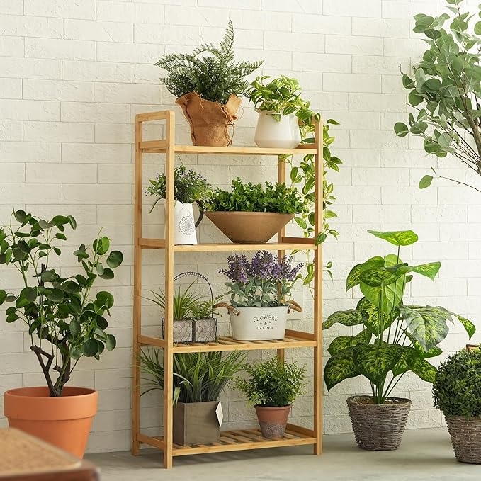 Bamboo Bathroom Shelf Organizer, 4 Tier Wooden Bathroom Rack with Adjustable Shelves, Free Standing Shelving Unit Open Bookcase Plant Shelf Indoor, 39" Storage Shelves for Kitchen Living Room
