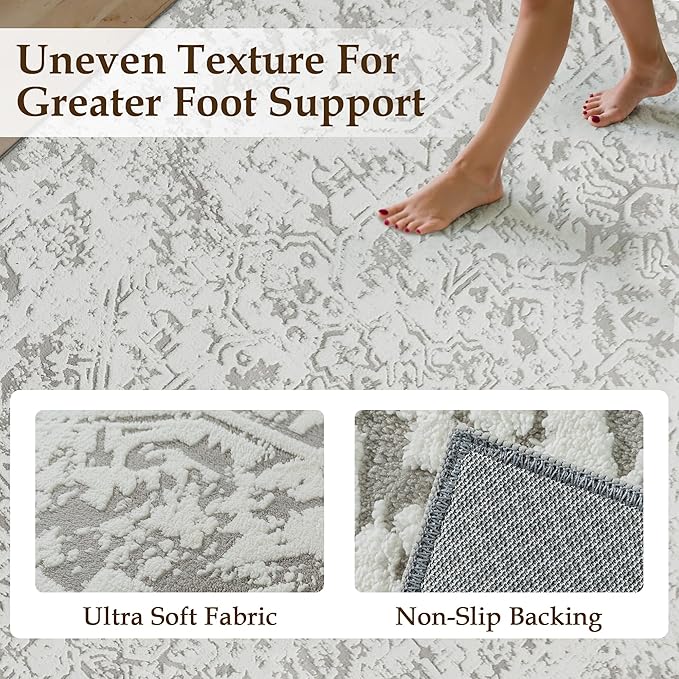 8x10 Fluffy Area Rug Grey Shag Neutral Carpet for Living Room Soft Medium Pile Floral Large Rug for Bedroom Dorm Office Dining Room Kitchen Nursery Modern Decor