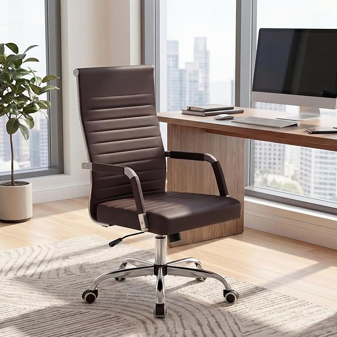 Furmax Ergonomic Office Desk Chair, Executive Ribbed Mid-Back PU Leather Conference Room Chair Adjustable Swivel Chair with Arms (1, Brown)