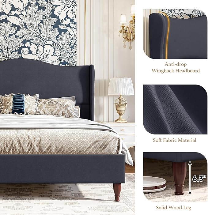 koorlian King Size Bed Frame Upholstered Platform Bed with 51'' Tall Fabric Headboard and Wooden Slats Support, Retro Minimalist Style/Fully Upholstered/Easy Assembly, Dark Navy