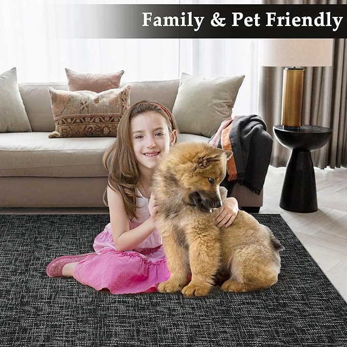 RUGSREAL 6x9 Large Bedroom Area Rug Soft Modern Area Rug for Living Room Non-Slip Stain Resistant Abstract Bedroom Throw Floor Carpet Contemporary Rug Solid Rug for Dining Room Office, Black