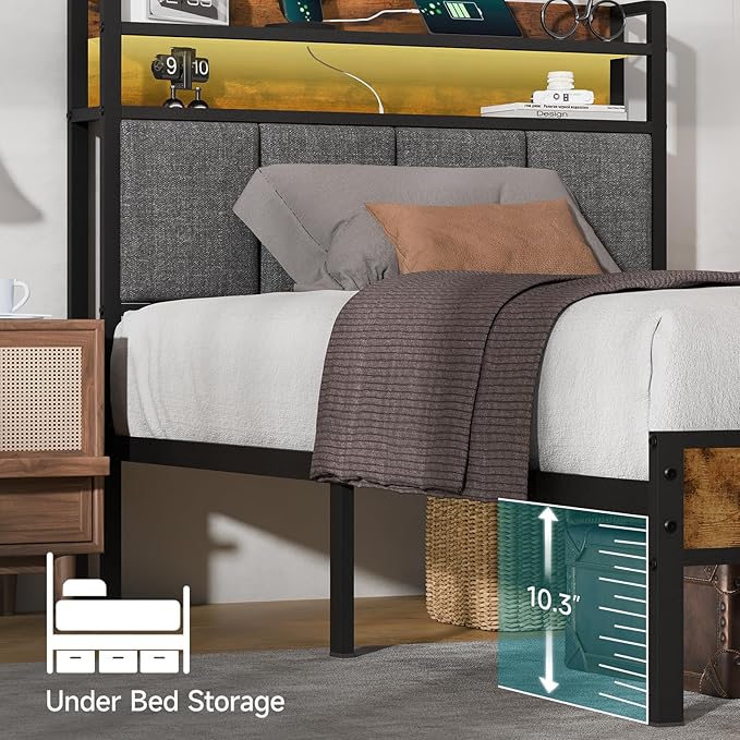 Easy Assembly Twin Bed Frame with LED Light &Charging Station, Metal Platform Bed with 2-Tier Shelves & Under Bed Storage, Upholstered Headboard&Footboard,No Box Spring Needed,Noise Free,Vintage Brown