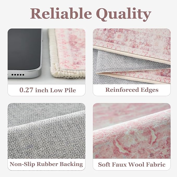 Small Pink Rug 2x3, Aesthetic Area Rug for Girls Bedroom Bedside Vanity, Cute Rug for Nursery Kids Room Dorm Washable Non Slip, Low Pile Thin Indoor Door Mats for Entryway Entrance Kitchen