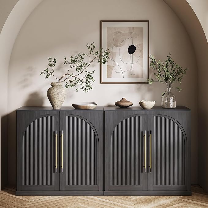 BELLEZE Set of 2 Modular Sideboard with Double-Arc Wood Doors, 65'' Arched Buffet Cabinet with Storage and Adjustable Shelves, Classic Modern Credenza for Dining Room Living Room Entryway (Ebony)