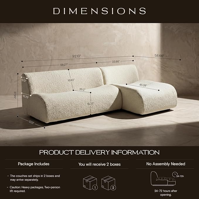 45" Curved Sectional Chaise, Modern Single Sofa Lounge Chair with Deep Seat, Boneless Modular Sherpa Sofas for Small Living Room, Bedroom, Apartment– No Assembly,White