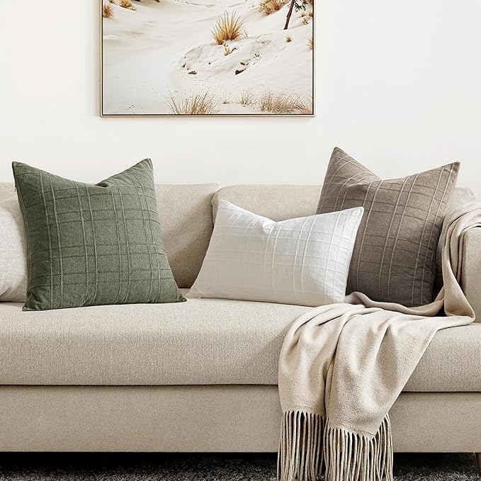 MIULEE Decorative Linen Check Euro Shams Throw Pillow Covers Neutral Farmhouse Vintage Spring Pillow Covers 22x22 Set of 2 Boho Modern Home Decor for Sofa Couch Bedroom Cushion Olive Green