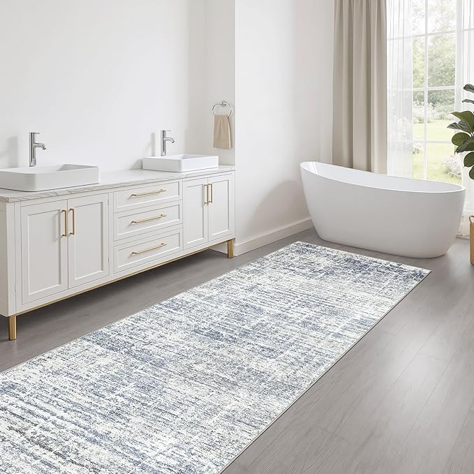 Runner Rug Non-Slip Kitchen Rug: 3x10 Washable Abstract Modern Soft Stain Resistant Indoor Floor Neutral Accent Throw Carpet for Hallway Bathroom Laundry Room Bedroom Entryway- Blue