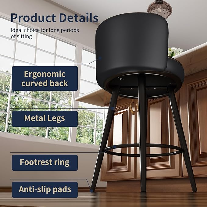 HONIFUR Bar Stools Set of 2, 27 Inch Barstools with Sturdy Legs, Leather Farmhouse Counter Height Bar Stool for Kitchen, Dining, Bar (Black, Leather)