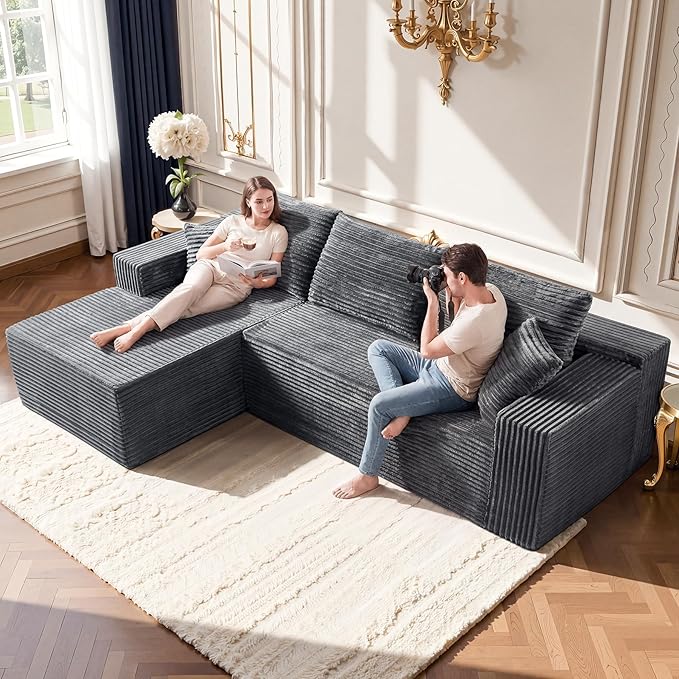 Grey Modular Sectional Couch with 108" L-Shape Chaise, Deep Seat Corduroy Sofa Plush Fabric Cloud-Like Couches for Living Room, No Assembly Modern Minimalist Furniture (Right Facing Chaise)