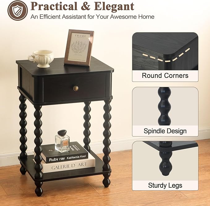 AWASEN Black Nightstand, Bedroom Side Table with Drawer for Living Room, Small Bedside End Table with Spindle Wood Legs for Bedroom, Office, Black