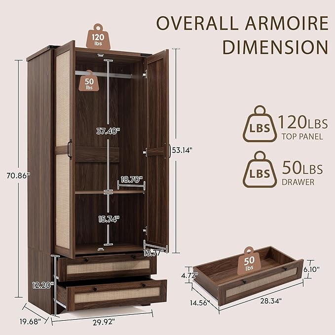 Brafab Armoire Wardrobe Closet with 2 Rattan Doors, 71" Farmhouse Tall Freestanding Coat Closet Wardrobe Cabinet with Drawers and Hanging Rail, Wooden Armoire Storage Cabinet with Shelf for Bedroom