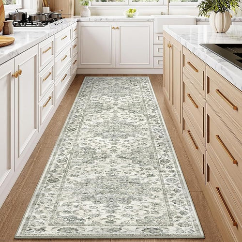 2x8 Washable Neutral Runner Rug Green Vintage Hallway Kitchen Carpet Non-Slip Soft Low Pile Farmhouse Throw Rug for Bedroom Bathroom Laundry Living Room