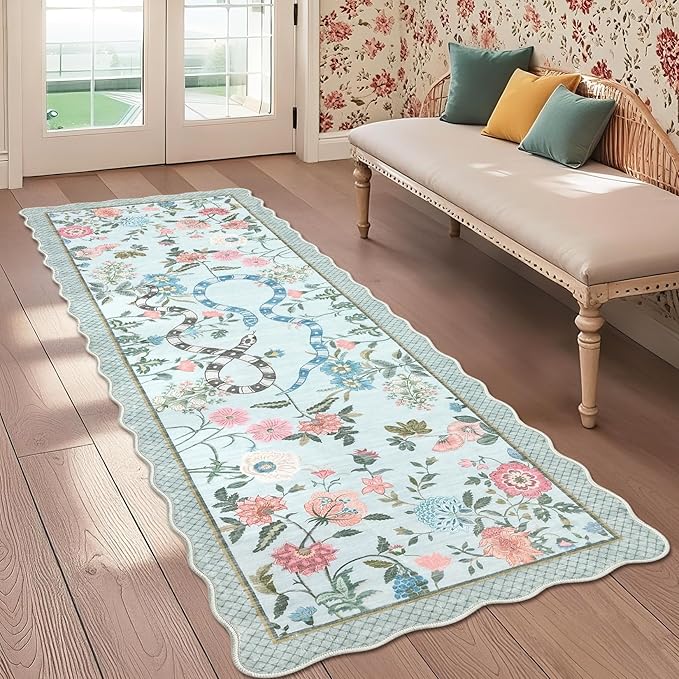 Garvee Washable Runner Snake Scalloped Rug 2x6 Runner Rugs for Hallway, Non-Slip Stain-Resistant Kitchen Runners, Soft Low Pile Non Shedding Carpet for Laundry Entryway Bedroom Bathroom,Blue