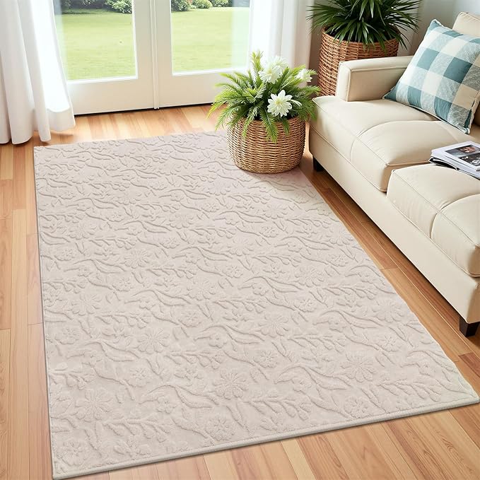 Vaukki 4x6 Area Rug for Living Room, Soft Fluffy Washable Modern Floral Indoor Floor Mat, Non Slip Shaggy Boho Accent Throw Carpet for Bedroom, Living Room, Nursery and Dining Room, Beige