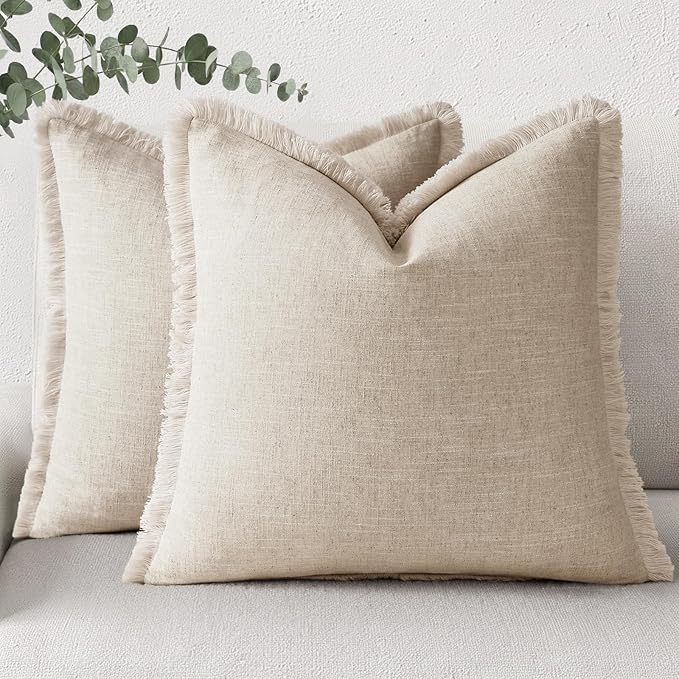 decorUhome Summer Decorative Neutral Linen Fringe Euro Sham Throw Pillow Covers Set of 2 Natural Beige Pillow Covers with Tassels Soft Farmhouse Boho Accent Pillow Cases for Couch Bed Sofa 26x26 Inch