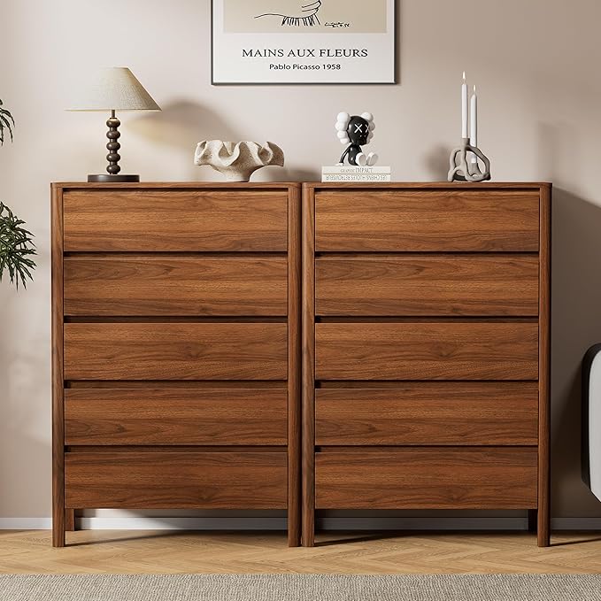 Furniway 45" Tall Mid-Century Modern Dresser for Bedroom, 5 Drawer Chest of Drawers with Solid Wood Legs, Large Storage Tall Dresser, Walnut