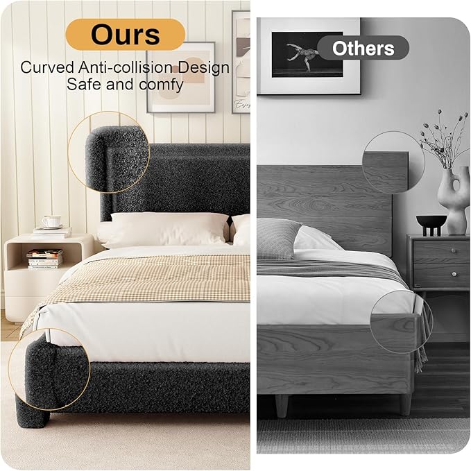 WEUP Queen Size Boucle Bed Frame, Upholstered Cloud Bed Frame with Adjustable Headboard, Soft Rounded Corners, No Box Spring Required, Easy Assembly, Black