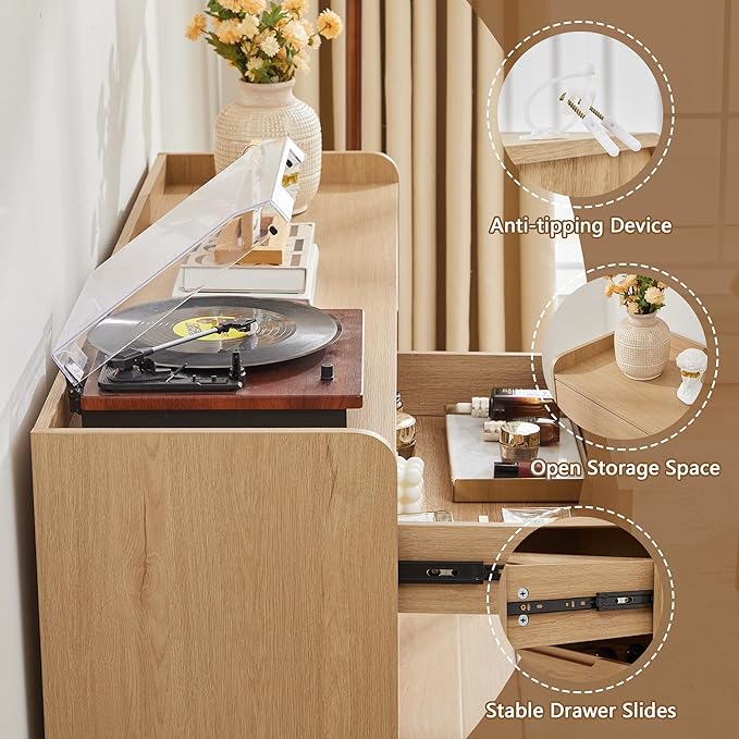 Curved 6 Drawer Dresser for Bedroom, Modern 53-Inch Chest of Drawers, Wood Storage Dresser Organizers with Hidden Handles, 6 Drawer Dressers for Bedroom, Nursery, Living Room, Natural
