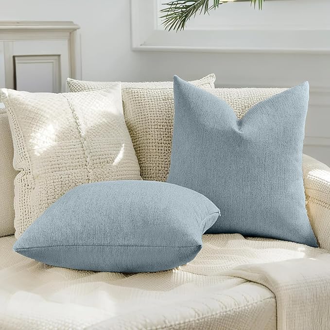 HAUSSY Denim Blue Throw Pillow Covers 18x18 Inch Set of 2,Boho Decorative Faux Linen Throw Pillows Cozy Farmhouse Accent Cushion Covers,Home Decor for Couch Sofa Bed Living Room