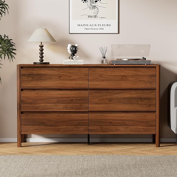 Furniway 55" Mid-Century Modern Dresser for Bedroom, 6 Drawer Wide Chest of Drawers with Solid Wood Legs, Large Storage Bedroom Dresser, Walnut