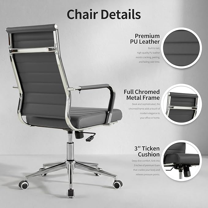 Okeysen Grey Office Desk Chair, Ergonomic Leather Modern Conference Room Chairs, Executive Ribbed Height Adjustable Swivel Rolling Chair for Home Office.