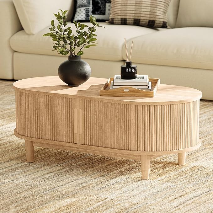 LINSY HOME Oval Coffee Table, Wood Coffee Table with Storage, Fluted Accent Center Table with Sliding Tambour Door, 39" Boho Coffee Tables for Living Room, Bedroom, Apartment, Oak