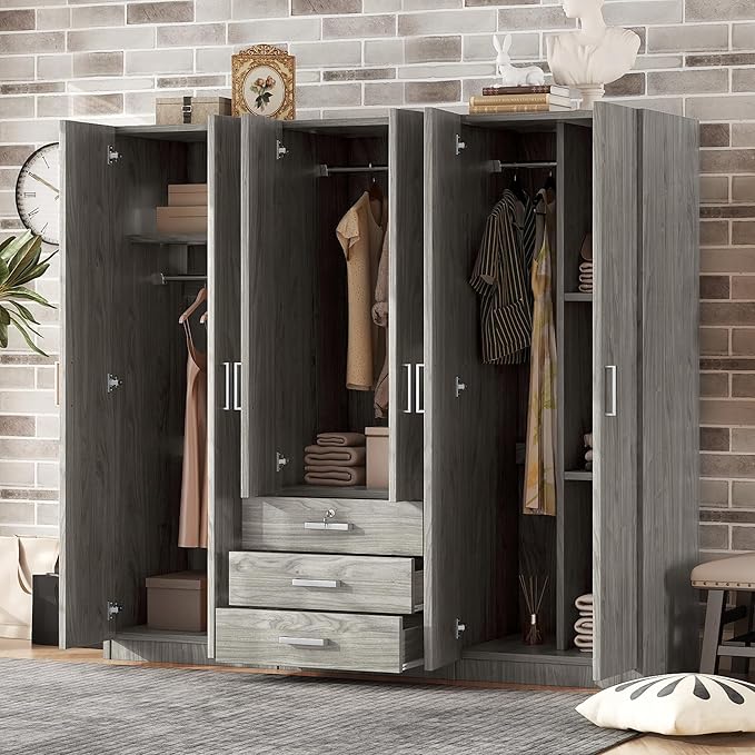 6 Door Armoire Wardrobe Closet with Big 3 Drawers, Wooden Freestanding Bathroom Armoire Cabinet with Shelves and Hanging Rod, Clothes Storage Organizer for Bedroom, Guest Room (Gray-8)