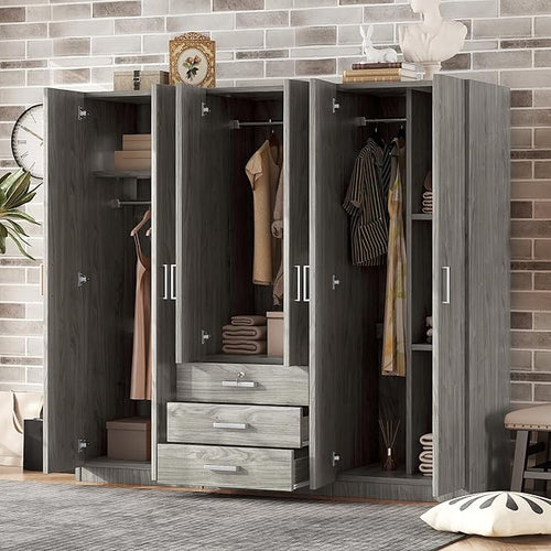6 Door Armoire Wardrobe Closet with Big 3 Drawers, Wooden Freestanding Bathroom Armoire Cabinet with Shelves and Hanging Rod, Clothes Storage Organizer for Bedroom, Guest Room (Gray-8)