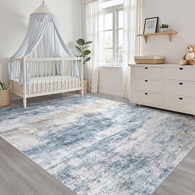 7x10 Area Rug Living Room: Washable Large Neutral Rugs Abstract Soft Modern Stain Resistant Indoor Floor Non-Slip Carpet for Bedroom Nursery Kids Office Playroom Dining Room Under Table- Blue Gold