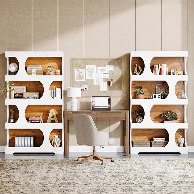 Tribesigns 71" Tall Bookcase Set of 2, 4-Tier S-Shaped Bookshelf, Wood Decorative Storage Shelving, Modern Freestanding Display Shelves, Large Library Bookshelf Unit for Home Office, White & Brown