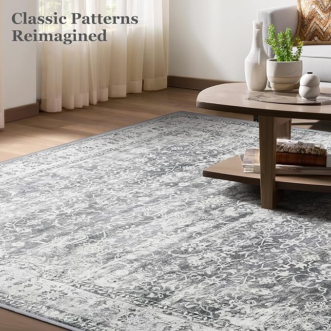 Vintage Grey 8x10 Area Rugs for Living Room, Retro Gray Neutral Rug for Bedroom Dining Room, Low Pile Thin Washable Non Slip Room Rug for Home Office Family Room