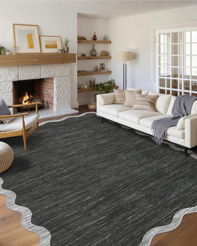 GarveeHome Scalloped Washable Area Rug 8x10 Rug for Living Room Modern Rug Non Slip Throw Rugs Large Rugs for Bedroom Low Pile Non Shedding Stain Resistant Carpet for Dining Room 8 ft x10 ft Black
