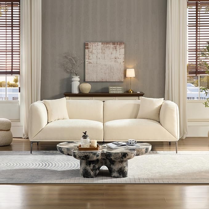82.7" Modern Couch Upholstered Boucle Sofa Beige, 3 Seater Minimalist Curved Sofas with Metal Legs, Cozy Luxury Deep Seat Memory Foam Couches for Living Room Bedroom Home Office Apartment