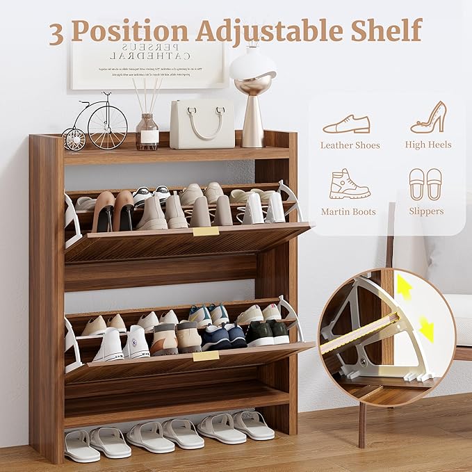 Fluted Shoe Storage Cabinet with 2 Flip Door for Entryway, Modern Freestanding Narrow Wood Shoe Rack Cabinet for Foyer, Front Door, Hallway