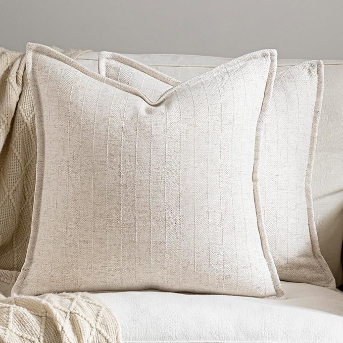 DEZENE 18x18 Linen Pillow Covers Beige Pack of 2 Farmhouse Boho Neutral Accents Striped Textured Square Decorative Throw Pillow Cases for Living Room Couch Bed Home Decor