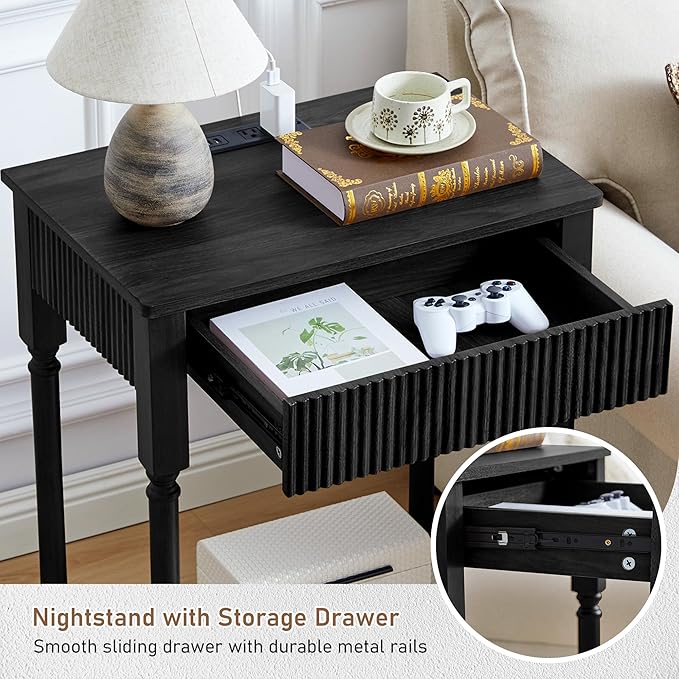 XUZENEST Fluted Nightstand with Charging Station, 23.6” Large Bed Side Table End Table with Drawer, Modern Mid Century Solid Wood Legs Night Stands Bedside for Bedroom Living Room Sofa Office, Black