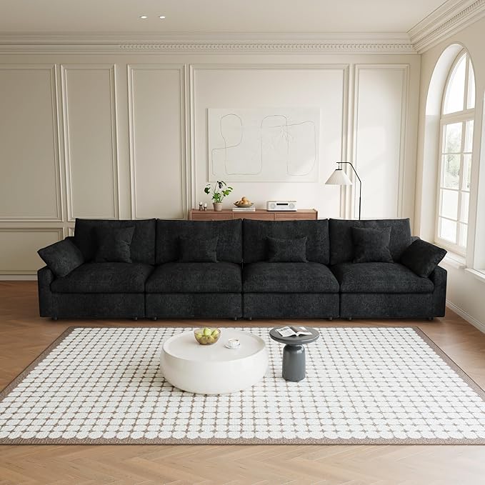 Modular Sectional Sofa Cloud Couch, 155.9" Oversized 4 Seater Sofa Couch with Pillows, Linen Blend Fabric Minimalist Deep Seat Couches for Living Room, Sofa Covers Washable&Removable, Black