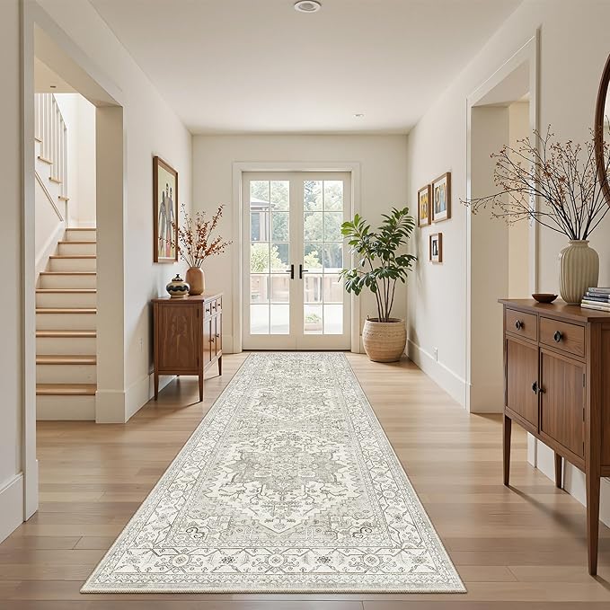 Runner Rug 2'x6' Washable Vintage Area Rugs for Hallway Non Slip Laundry Rug Runner Boho Floor Carpet Runners for Entryway Laundry Room Kitchen Bathroom (2'x6',Beige)
